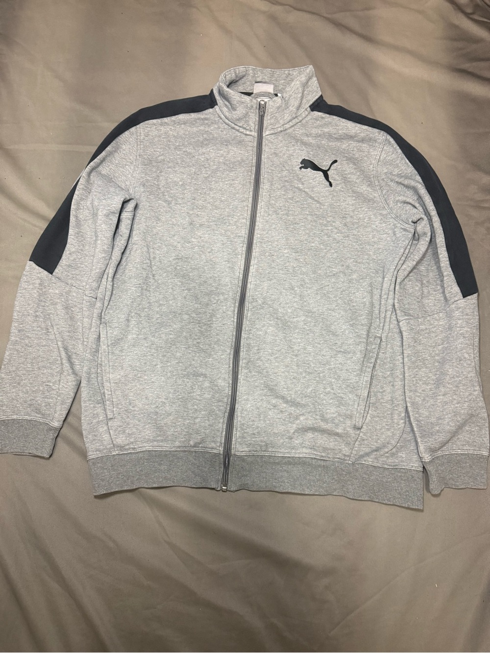 Puma Light Gray Full-Zip Track Jacket with Black Shoulder Stripes